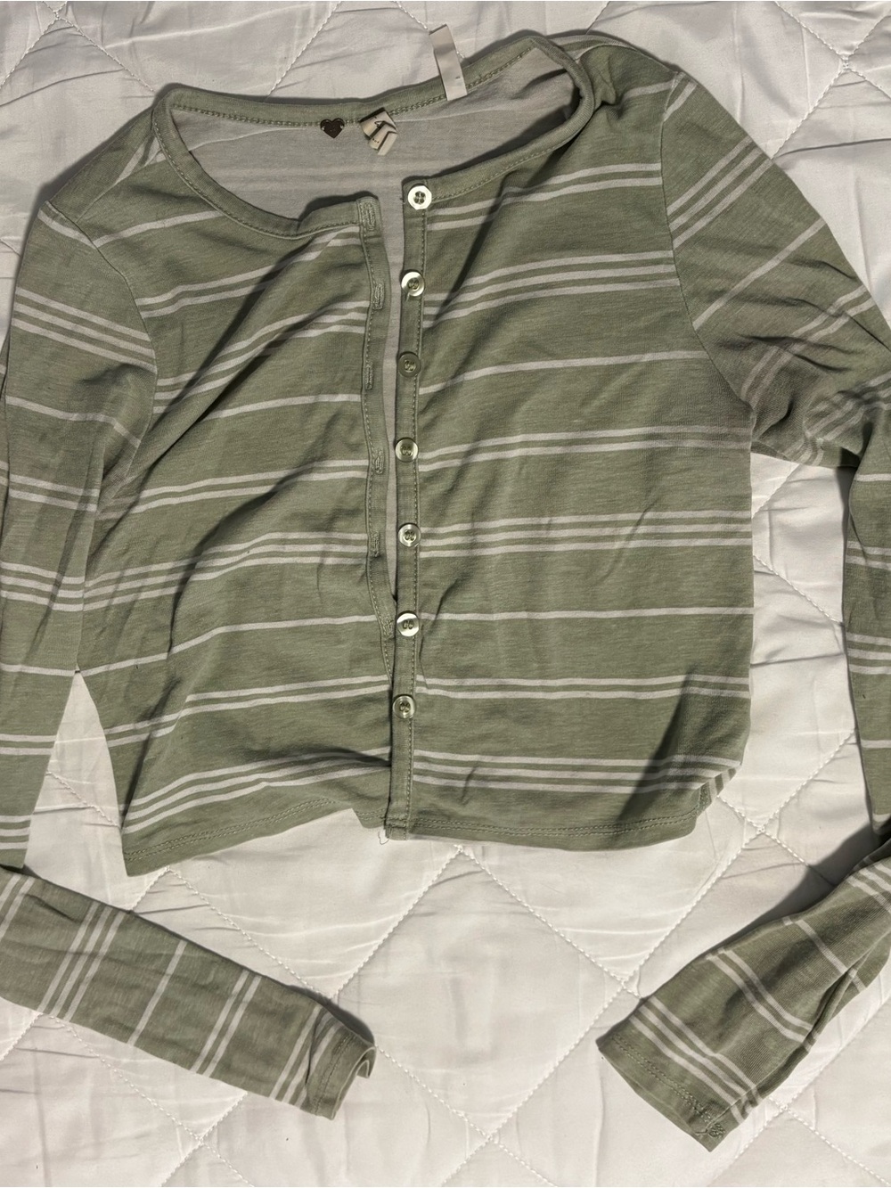 Striped Olive Green Button-Front Women's Top